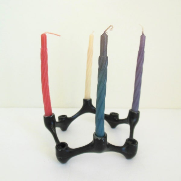 Black Metal Candleholder with Box of Candles, MCM Dansk-Style Holds 8 Narrow Tapers, Colonial Candle of Cape Cod