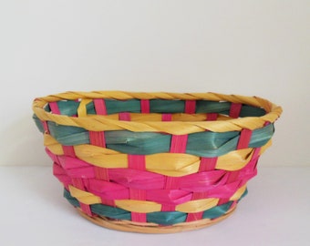 Easter Basket Vintage Open Container No Handle, Pink Yellow and Teal Green, Retro Spring Decorating