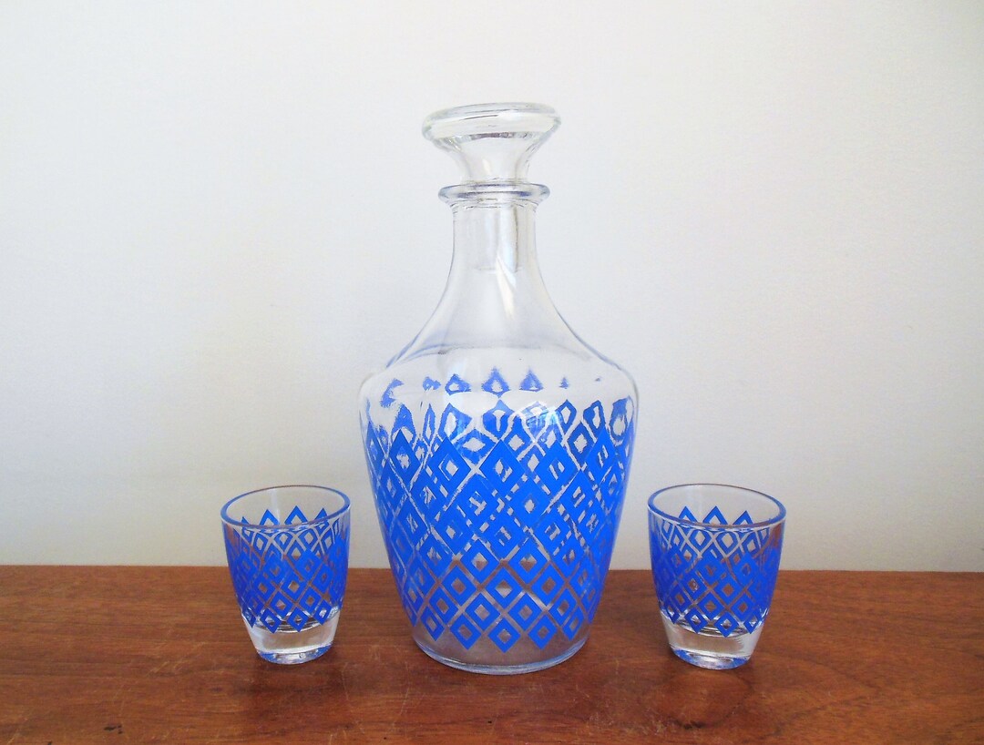 Glass Decanter Set With Blue Diamonds, Made in France, Small Decanter