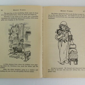 May include: A black and white illustration of a young boy playing with toys in front of a Christmas tree. The boy is sitting on the floor and has a toy horse in his hand. The Christmas tree is decorated with ornaments and lights. The illustration is from a vintage children's book.