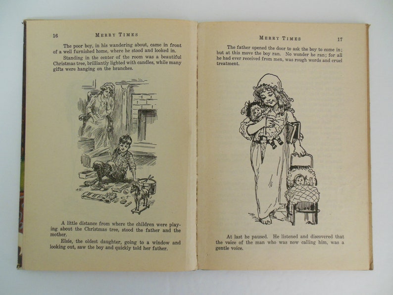 May include: A black and white illustration of a young boy playing with toys in front of a Christmas tree. The boy is sitting on the floor and has a toy horse in his hand. The Christmas tree is decorated with ornaments and lights. The illustration is from a vintage children's book.