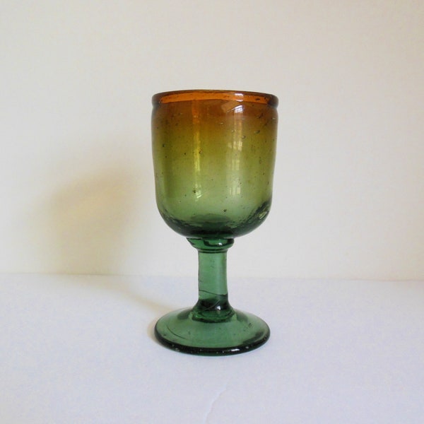 Hand Blown Glass Goblet, Small Stemmed Wine Glass Green and Brown Ombre, Unusual Vintage Barware