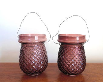 One Burgundy Brown Christmas Fairy Light Lamp, Choose 1 Victorian Diamond Pattern Maroon Glass Jar or Lantern with Wire Handle