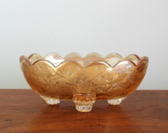 Louisa Iridescent Floragold Dish, Jeannette Glass Company Little Gold Scalloped Candy Bowl, with Feet Flowers and Vines