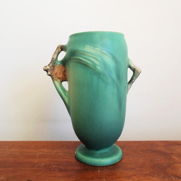Roseville Green Pinecone Vase Number 748 6, Footed Art Pottery with Pine Cone on Handle, 1930s Flower Pot Sold As Is