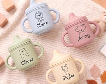 Gobelet pour bébé avec nom personnalisé, Gobelet de dressage en silicone animal mignon avec poignées, Gobelet sans BPA pour tout-petit, Cadeau pour nouveau-né