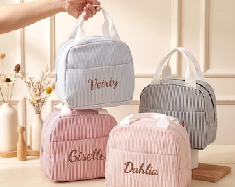 Sac à lunch personnalisé en velours côtelé brodé, glacière isolée, cadeau de rentrée
