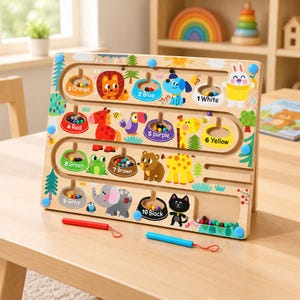 May include: A wooden color and number matching maze board featuring ten numbered bowls with corresponding colored beads, animal illustrations, and two magnetic styluses. The board displays numbers 1 through 10 with labels including White, Blue, Orange, Red, Purple, Yellow, Green, Brown, Gray, and Black.