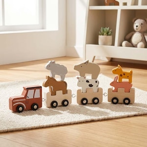 May include: A wooden toy train set featuring a red engine and three light-coloured wooden carriages. The carriages carry stacked animal figures including a grey sheep, a brown horse, a tan pig, a black and white cow, a yellow horse, and a pink rabbit.