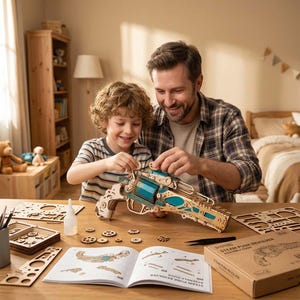 Puede incluir: Un kit de modelo mecánico de madera de un revólver steampunk con detalles de engranajes intrincados y acentos en color verde azulado, acompañado de una guía de montaje, piezas de madera sueltas, pegamento y una caja con el texto Steam Punk Revolver.