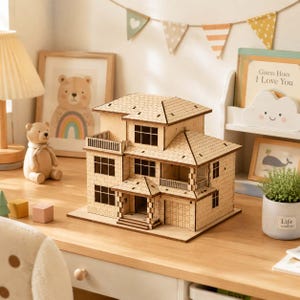 Könnte beinhalten: Ein mehrstöckiges Puppenhaus aus hellem Holz mit einem Ziegeldach-Design, mehreren Fenstern, einem Balkon mit Geländer und einem Garagentor. Das Gebäude steht auf einer flachen Basis und zeigt detaillierte, ziegelartige Muster.