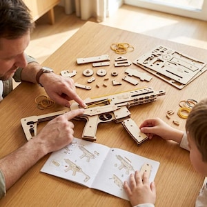 Könnte beinhalten: Ein Holzmodellbausatz eines Gewehrs mit abnehmbarem Magazin, bestehend aus lasergeschnittenen Komponenten, Zahnrädern und Gummibändern. Das Set enthält eine gedruckte Bedienungsanleitung und verschiedene Holzplatten mit vorgestanzten Teilen.