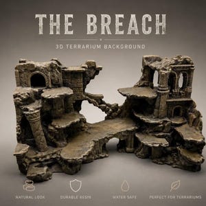 Könnte beinhalten: Ein 3D-Terrarienhintergrund mit dem Titel THE BREACH, der ein Design aus braunen, verwitterten Steinruinen mit Torbögen, Säulen und abgestuften Plattformen aufweist. Die Struktur enthält detaillierte Felsstrukturen und architektonische Elemente.