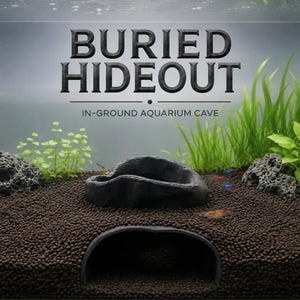 Könnte beinhalten: Eine dunkelgraue, gewölbte Aquariumhöhle, die teilweise in dunkelbraunem Bodengrund vergraben ist. Der Text BURIED HIDEOUT IN-GROUND AQUARIUM CAVE steht über der Höhle, die von zwei porösen grauen Steinen und grünen Wasserpflanzen flankiert wird.