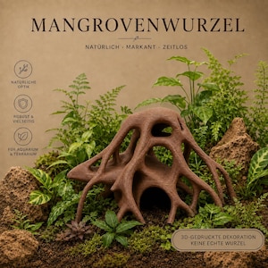 Könnte beinhalten: Eine braune, 3D-gedruckte Mangrovenwurzel-Dekoration mit einer komplexen, verzweigten Struktur und mehreren hohlen Öffnungen. Der Text auf dem Bild lautet MANGROVENWURZEL, NATÜRLICH, MARKANT, ZEITLOS und 3D-GEDRUCKTE DEKORATION KEINE ECHTE WURZEL.