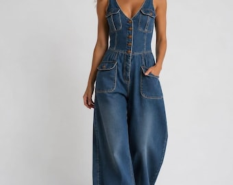 Retro 70s Denim Wide Leg Jumpsuit, Sleeveless Jean Romper, Casual Party Fashion