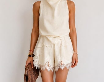 Lace Two Piece Set, Ivory Silk Blend Occasion Wear Outfit