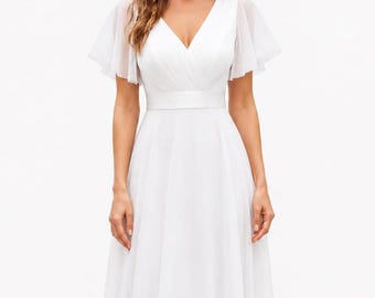 Elegant White V-Neck Maxi Dress, Flutter Sleeve Formal Gown, Minimalist Bridal Wedding Guest Outfit