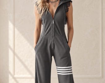 Women's Hooded Jumpsuit, Black Wide Leg Zip Front Casual Romper