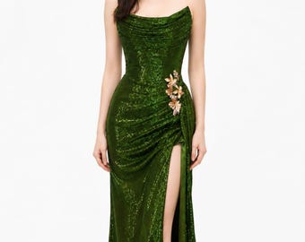 Emerald Green Strapless Gown, High Slit Maxi Dress, Formal Prom Gala Outfit