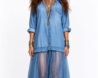 Boho Maxi Dress, Oversized Blue Shirt, Flowy Tiered Skirt, Vacation Party Outfit