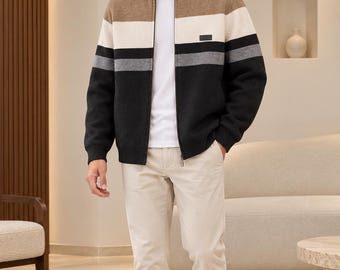 Men's Colorblock Zip Up Jacket | Stand Collar Striped Casual Outerwear | Beige Black