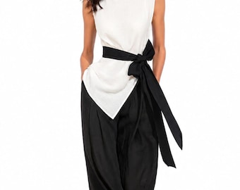 Chic Black White Jumpsuit, Wide-Leg Pants, Waist Tie Detail, Wedding Guest Outfit