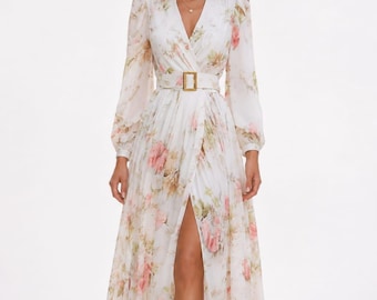 Floral Maxi Dress, Long Sleeve Wrap, V-Neck Evening Gown, Pink Garden Party