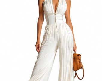 White Pleated Halter Jumpsuit, Wide Leg Formal Party Wear