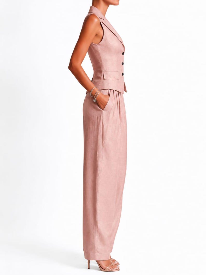 May include: A sleeveless dusty pink vest with a notched lapel and three dark buttons, paired with matching high-waisted wide-leg trousers featuring side pockets. The ensemble is crafted from a textured fabric and presents a tailored silhouette.