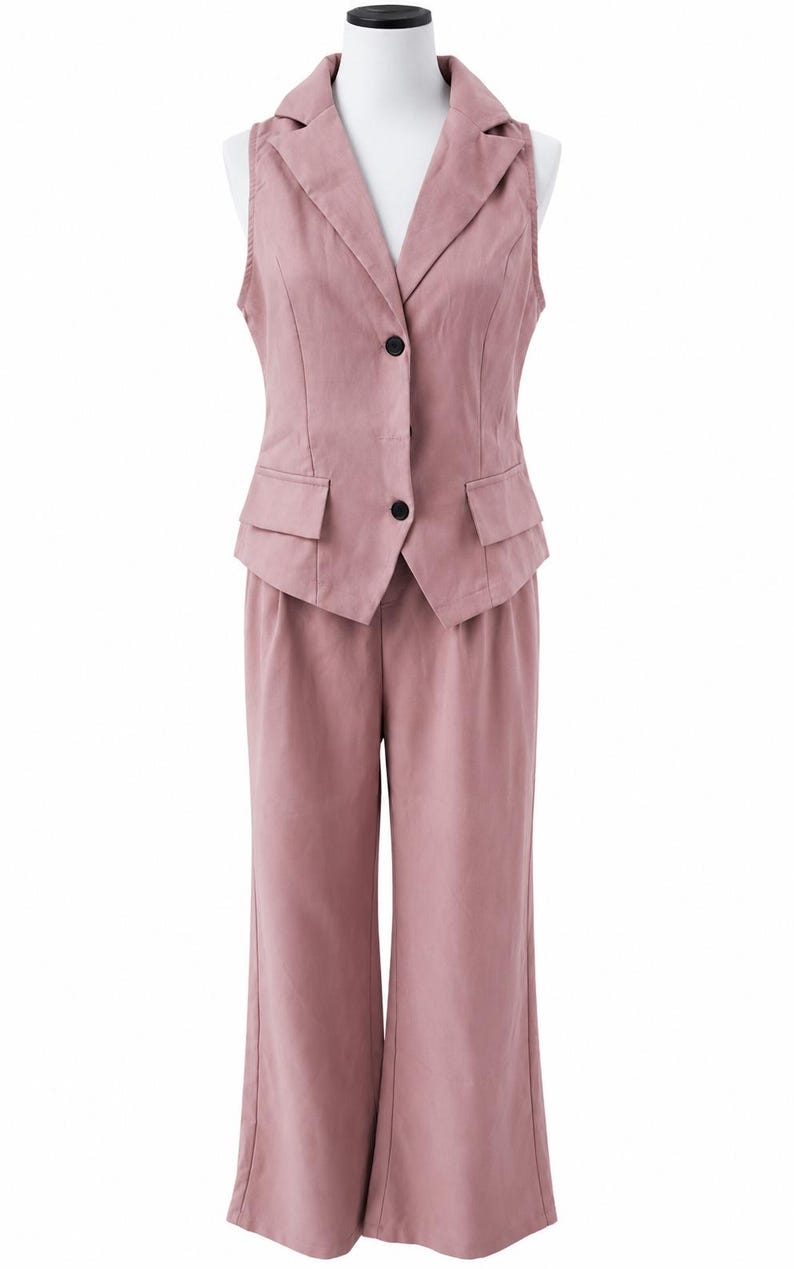 May include: A dusty rose sleeveless vest and matching wide-leg trousers set. The vest features a notched lapel, two black buttons, and two small flap pockets at the waist. The trousers have a clean, straight-leg cut with a high-waisted design.
