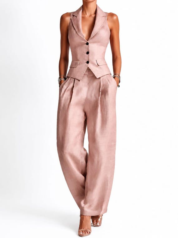 Linen Suit Set, Pink Blazer Vest, Wide Leg Pants, Wedding Guest Outfit
