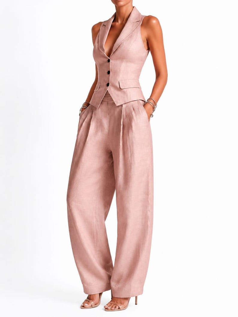 May include: A dusty rose sleeveless vest with a notched lapel and three black buttons, paired with matching high-waisted wide-leg trousers featuring front pleats and side pockets. The ensemble is crafted from a textured fabric with a subtle sheen.