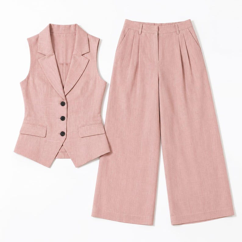 May include: A dusty pink two-piece set consisting of a sleeveless vest and wide-leg trousers. The vest features a notched lapel, three black buttons, and two front flap pockets. The trousers have a high waist with pleats and a wide-leg cut.