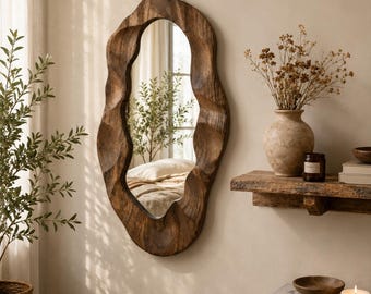 Boho Wood Wave Wall Mirror, Decorative Mirror for Living Room & Entryway Decor