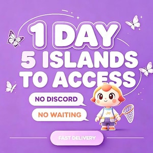 May include: A purple graphic featuring the text 1 DAY 5 ISLANDS TO ACCESS, NO DISCORD, NO WAITING, and FAST DELIVERY. A cartoon character with orange hair holds a white butterfly net, surrounded by four white butterflies on a purple background.