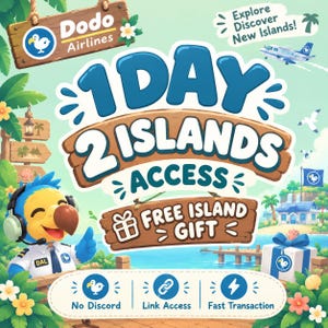 Op de afbeelding: Een digitale afbeelding met een blauwe dodo in pilotenuniform met de tekst 1 DAY 2 ISLANDS ACCESS en FREE ISLAND GIFT. De achtergrond toont een tropisch eiland met een vliegtuig, een houten bord en een icoon van een cadeau.
