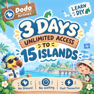 Könnte beinhalten: Eine digitale Grafik mit einem blauen Vogelpiloten in Uniform und einer Person mit Sonnenhut. Der Text lautet: Dodo Airlines, Learn DIY, 3 Days Unlimited Access to 15 Islands, No Discord, No waiting und Fast Transaction vor tropischer Kulisse.