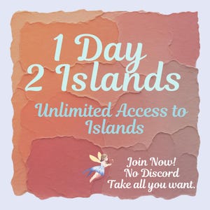 Pode incluir: Gráfico digital com efeito de papel em camadas em tons de laranja e vermelho. O texto em azul claro diz "1 Dia 2 Ilhas" e "Acesso Ilimitado às Ilhas". Uma pequena ilustração de fada também está presente.