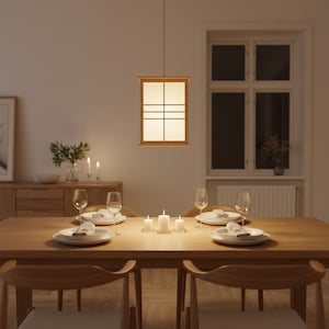 Rectangular Natural Wood Pendant Lamp with Frosted Glass – Dining Room Lighting