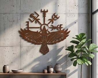 Ancient Norse Symbolism Metal Wall Decor – Raven and Compass Sigil for Home & Office