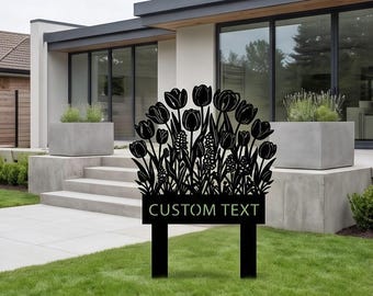 Custom Metal Garden Art – Elegant Tulip & Flower Silhouette Personalized Lawn Decor