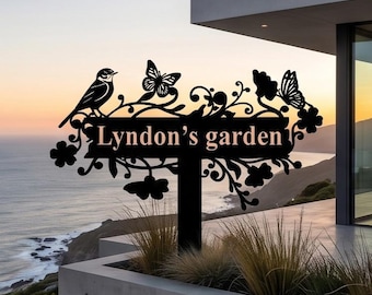 Elegant Metal Garden Sign – Silhouette Bird & Butterfly Design for Outdoor Decor