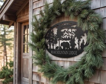 Metal Forest Scene Bear Sign – Mountain Cabin Lodge Wall Hanging