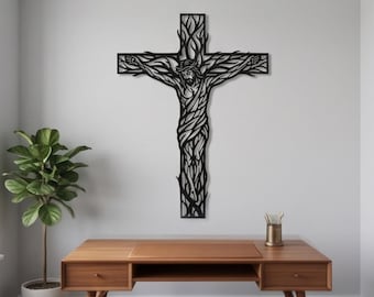 Hand-Crafted Metal Cross with Jesus – Spiritual Wall Decor – Religious Home Accent