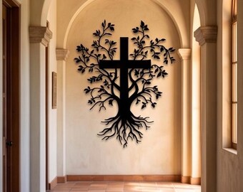 Tree of Life Cross Metal Wall Art – Spiritual Faith Home Decor