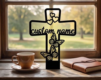 Custom Butterfly Memorial Cross Metal Art | Personalized Grave Marker, Sympathy Gift