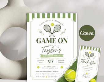 Tennis verjaardagsuitnodiging, bewerkbare sjabloon tennisfeest, sportverjaardagsuitnodiging, Canva Instant Download, tennisthemafeest