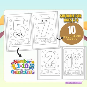 Peut inclure: Un ensemble de pages à colorier pour enfants, avec les chiffres 1 à 10 en Bahasa Melayu. Chaque page présente un chiffre avec un visage souriant, entouré d'étoiles. L'ensemble comprend 10 pages à colorier, adaptées aux enfants de 3 à 6 ans.