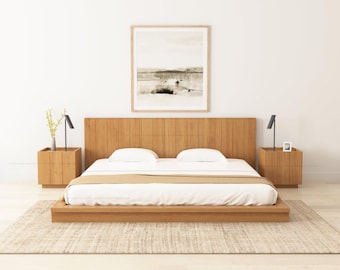 シエラビスタ チーク材プラットフォームベッド（縦型スラットヘッドボード付き）